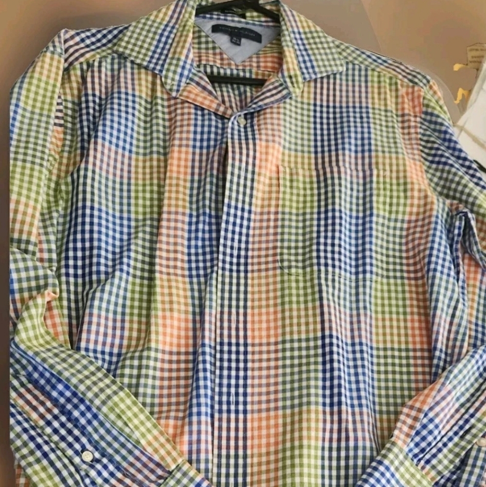 Tommy Hilfiger Blue,Green, Plaid Shirt Regular Fit Size 15  1/2. 34-35 Button Up